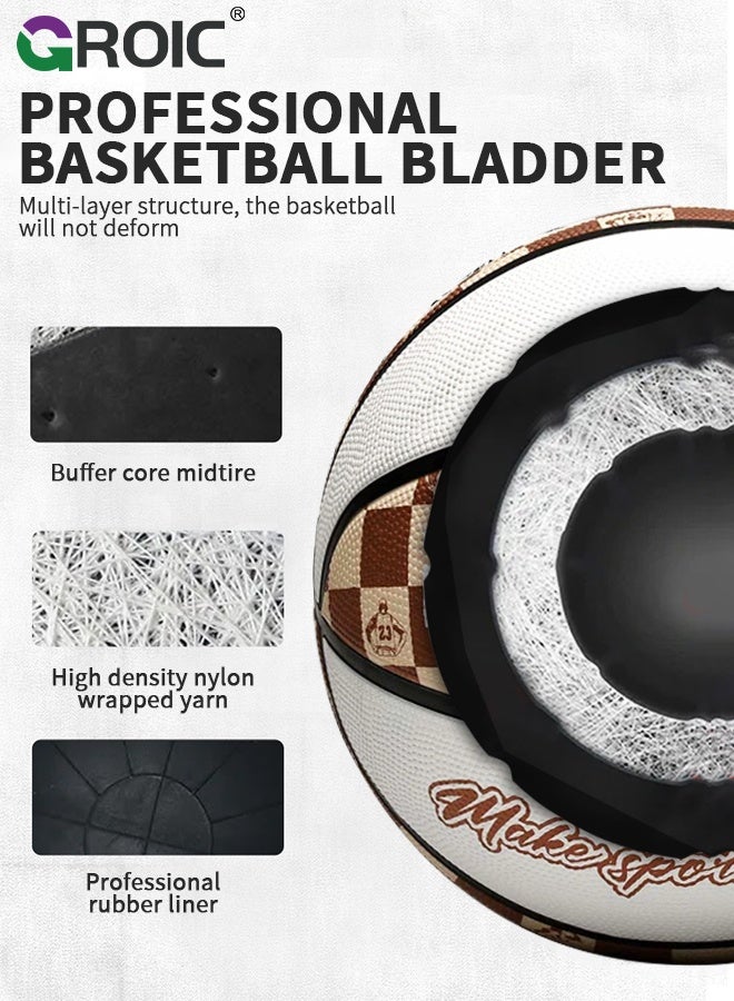 GROIC Basketball,  Classic Checkerboard Size 7 Basketball, Brown and White Design, Deep Channel Construction and Durability, Perfect for Basketball Training and Equipment Practice, Outdoor Rubber Basketballs - Image 4